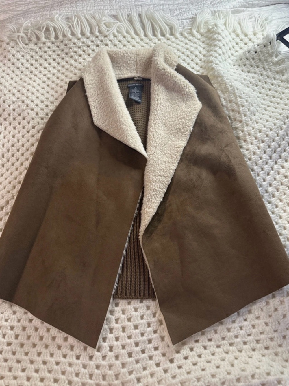 Chelsea & Theodore Brown Faux-Suede Cape with Cream Shearling Collar